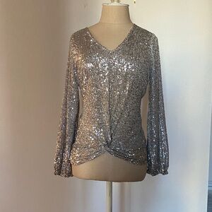 Cable & Gauge Silver Sequin V-Neck Blouse